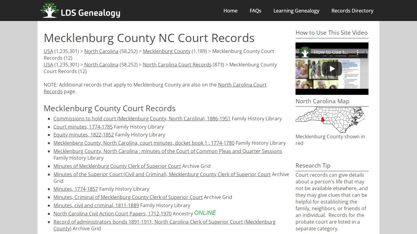 Mecklenburg County NC Court Records - LDS Genealogy
